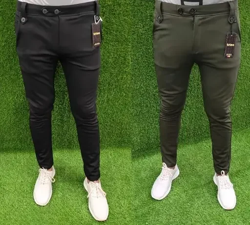 Men trousers pack of 2 | lycra blend stretchy casual pants | black & dark green image 1