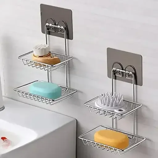 Kelby Stainless Steel Soap Holder | Double Layer Adhesive Soap Dish | Wall Mounted Shower Caddy | Durable Bathroom & Kitchen Organizer | Silver image 1