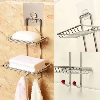 Kelby Stainless Steel Soap Holder | Double Layer Adhesive Soap Dish | Wall Mounted Shower Caddy | Durable Bathroom & Kitchen Organizer | Silver thumbnail 1