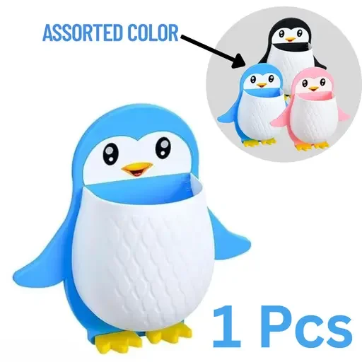 Kelby Plastic Toothbrush Holder | Wall Mounted Penguin Shape Organizer | Self Adhesive Bathroom Storage | Multipurpose Shelf | Kids Friendly Multicolor image 1