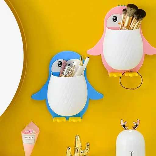 Kelby Plastic Toothbrush Holder | Wall Mounted Penguin Shape Organizer | Self Adhesive Bathroom Storage | Multipurpose Shelf | Kids Friendly Multicolor image 3
