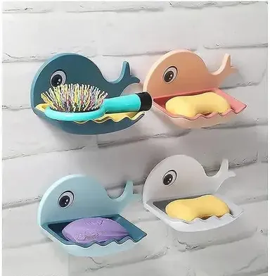 Pack‑1 Fish Design Self Adhesive Soap Holder | Wall Mounted ABS Plastic Tray with Drain for Bathroom Kitchen Sink | Easy No‑Drill Installation thumbnail 2
