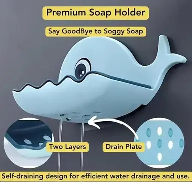 Pack‑1 Fish Design Self Adhesive Soap Holder | Wall Mounted ABS Plastic Tray with Drain for Bathroom Kitchen Sink | Easy No‑Drill Installation thumbnail 3