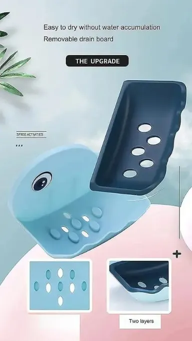 Plastic Soap Stand Holder | for Bathroom Kitchen Sink Self Draining Soap Dish Holder with Magic Stickers (Pack of 1) Fish Soap Holder thumbnail 1