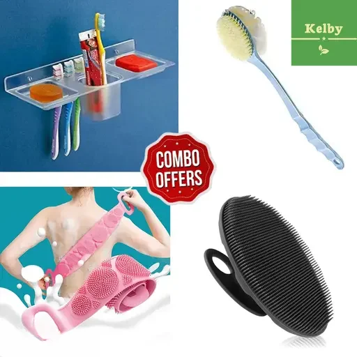 Kelby 4 in 1 Soap Dish Combo Set | Unbreakable Tubler Holder| Patta Scrubber Body Brush | ABS Plastic image 1