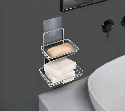 Stainless Steel Soap Dish | double layer, wall mounted adhesive soap holder, hooks | rustproof bathroom & kitchen organizer image 2