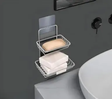 Stainless Steel Soap Dish | double layer, wall mounted adhesive soap holder, hooks | rustproof bathroom & kitchen organizer thumbnail 1