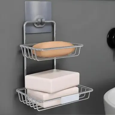 Stainless Steel Soap Dish | double layer, wall mounted adhesive soap holder, hooks | rustproof bathroom & kitchen organizer thumbnail 2