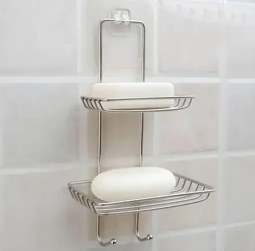 Stainless Steel Soap Dish | double layer, wall mounted adhesive soap holder, hooks | rustproof bathroom & kitchen organizer image 4