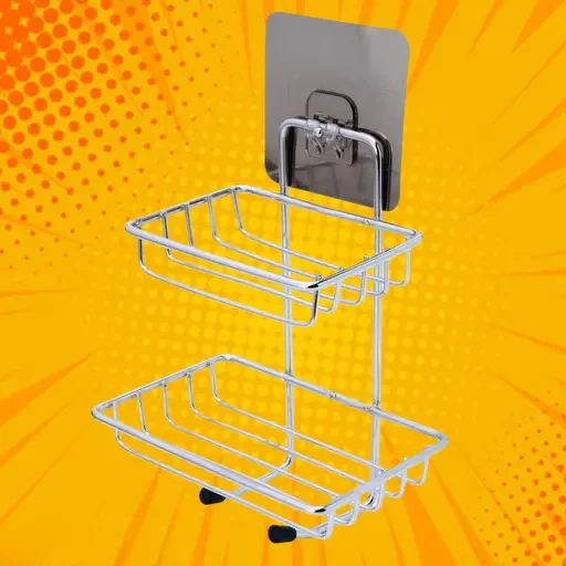 Stainless Steel Multipurpose Double Layer Soap Rack with Hook | Rust Proof Allergy Friendly Wall Mount for Bathroom & Kitchen image 1
