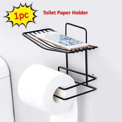 Kelby Self Adhesive Wall Mounted Toilet Paper Holder with Stainless Steel Tissue Shelf Black Bathroom Organiser Rack for Modern Homes image 1