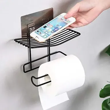 Kelby Self Adhesive Wall Mounted Toilet Paper Holder with Stainless Steel Tissue Shelf Black Bathroom Organiser Rack for Modern Homes thumbnail 2