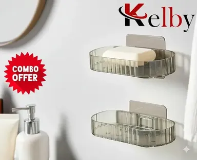 Kelby soap dish holder | transparent self adhesive soap tray for shower wall | no‑drill sponge & soap organizer India thumbnail 0