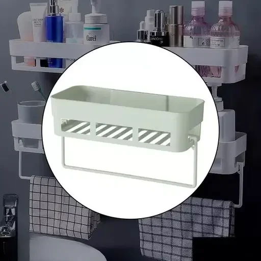Kelby Self Adhesive Multipurpose Wall Shelf with Towel Hanger | Strong Plastic Space Saving Easy Install | Bathroom Kitchen Organizer image 1