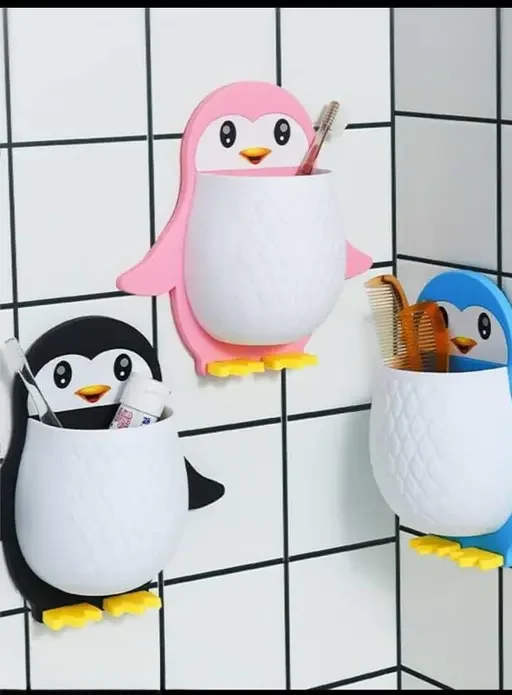 Penguin Storage Box, Wall-mounted Organizer, No Drill Adhesive Shelf for Bathroom & Kitchen, Cute Multi-color Plastic Remote Holder, Makeup Storage for Small Spaces image 1
