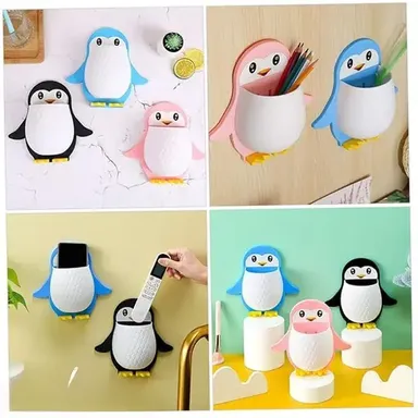 Penguin Storage Box, Wall-mounted Organizer, No Drill Adhesive Shelf for Bathroom & Kitchen, Cute Multi-color Plastic Remote Holder, Makeup Storage for Small Spaces thumbnail 1