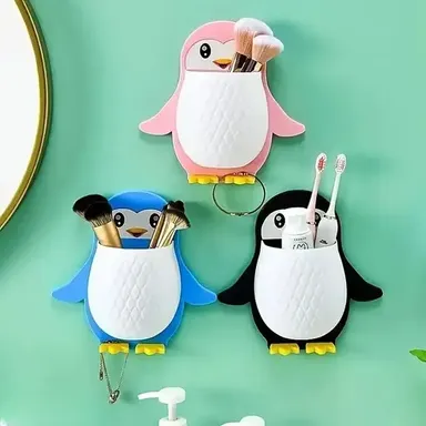 Penguin Storage Box, Wall-mounted Organizer, No Drill Adhesive Shelf for Bathroom & Kitchen, Cute Multi-color Plastic Remote Holder, Makeup Storage for Small Spaces thumbnail 3
