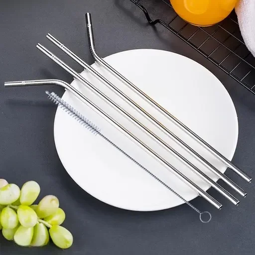 Kelby Reusable Stainless Steel Drinking Straws Set- 2 Straight| 2 Bent with Cleaning Brush| Eco-Friendly Metal Straws for Juice| Smoothies| Kids| Travel image 1