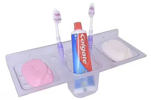 Kelby White Acrylic Toothbrush Holder | 4-in-1 Set with Soap Dishes | Tumbler Silicone Bath Brush | Long Back Scrubber for Shower | Exfoliating Soft Massage | Wall Mount | Modern Bathroom Organizer image 4