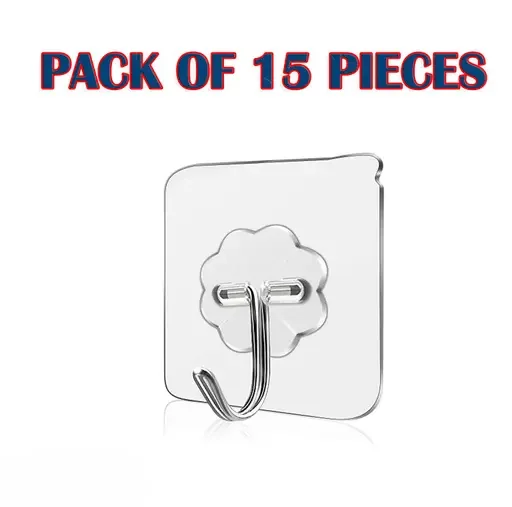 Adhesive Wall Hooks for Hanging |15 Pack Strong Self Stick Hangers | Transparent Stainless Steel  Heavy Duty No Drill Hooks for Kitchen Bathroom image 1