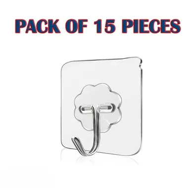 Adhesive Wall Hooks for Hanging |15 Pack Strong Self Stick Hangers | Transparent Stainless Steel  Heavy Duty No Drill Hooks for Kitchen Bathroom thumbnail 0