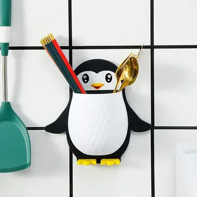 Kelby Penguin Toothbrush Holder | wall mounted multifunctional storage rack | cartoon penguin organizer with drainage for bathroom makeup kitchen tools thumbnail 1