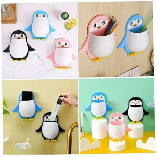 Kelby Penguin Toothbrush Holder | wall mounted multifunctional storage rack | cartoon penguin organizer with drainage for bathroom makeup kitchen tools image 3