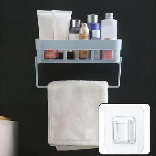 Kelby Self-Adhesive Shelf | Multipurpose Plastic Wall Shelf with Towel Hanger | Strong Adhesive, Assorted Colors | 10x10.5 cm | Bathroom & Kitchen Organizer image 3