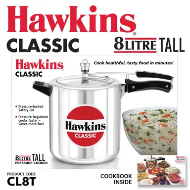 Hawkins Classic CL8T 8 Litre Inner Lid Aluminium Pressure Cooker Tall Design for Large Families Gas Stove Compatible Silver thumbnail 1