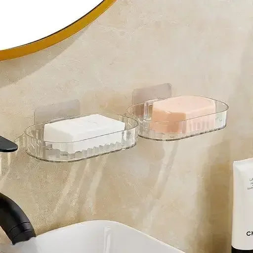Magic Sticker Soap Dish Holder & Sponge Tray 2 Pack ABS Plastic No Drill Shower|Kitchen Organizer|Transparent image 1