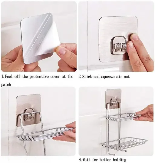 Kelby Stainless Steel Soap Holder | Self Adhesive Wall Mount Soap Dish with Hooks | Rustproof Compact Tray for Bathroom & Kitchen Sponge Storage image 2