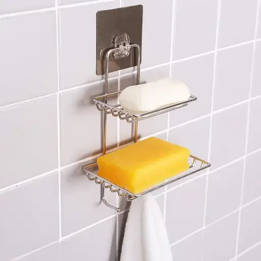 Kelby Stainless Steel Soap Holder | Self Adhesive Wall Mount Soap Dish with Hooks | Rustproof Compact Tray for Bathroom & Kitchen Sponge Storage image 3
