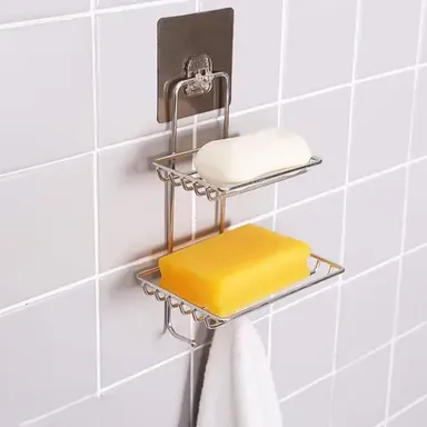 Kelby Stainless Steel Soap Holder | Self Adhesive Wall Mount Soap Dish with Hooks | Rustproof Compact Tray for Bathroom & Kitchen Sponge Storage thumbnail 2