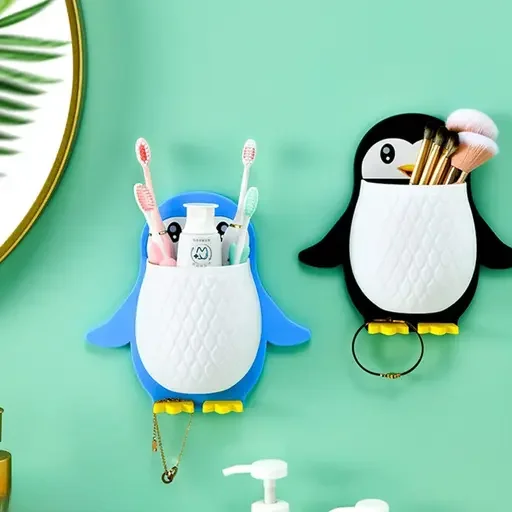 kelby Penguin Toothbrush Holder Wall Rack Pack of 3|multifunctional organizer| drainage|for kids bathroom & kitchen pens remote tools image 3