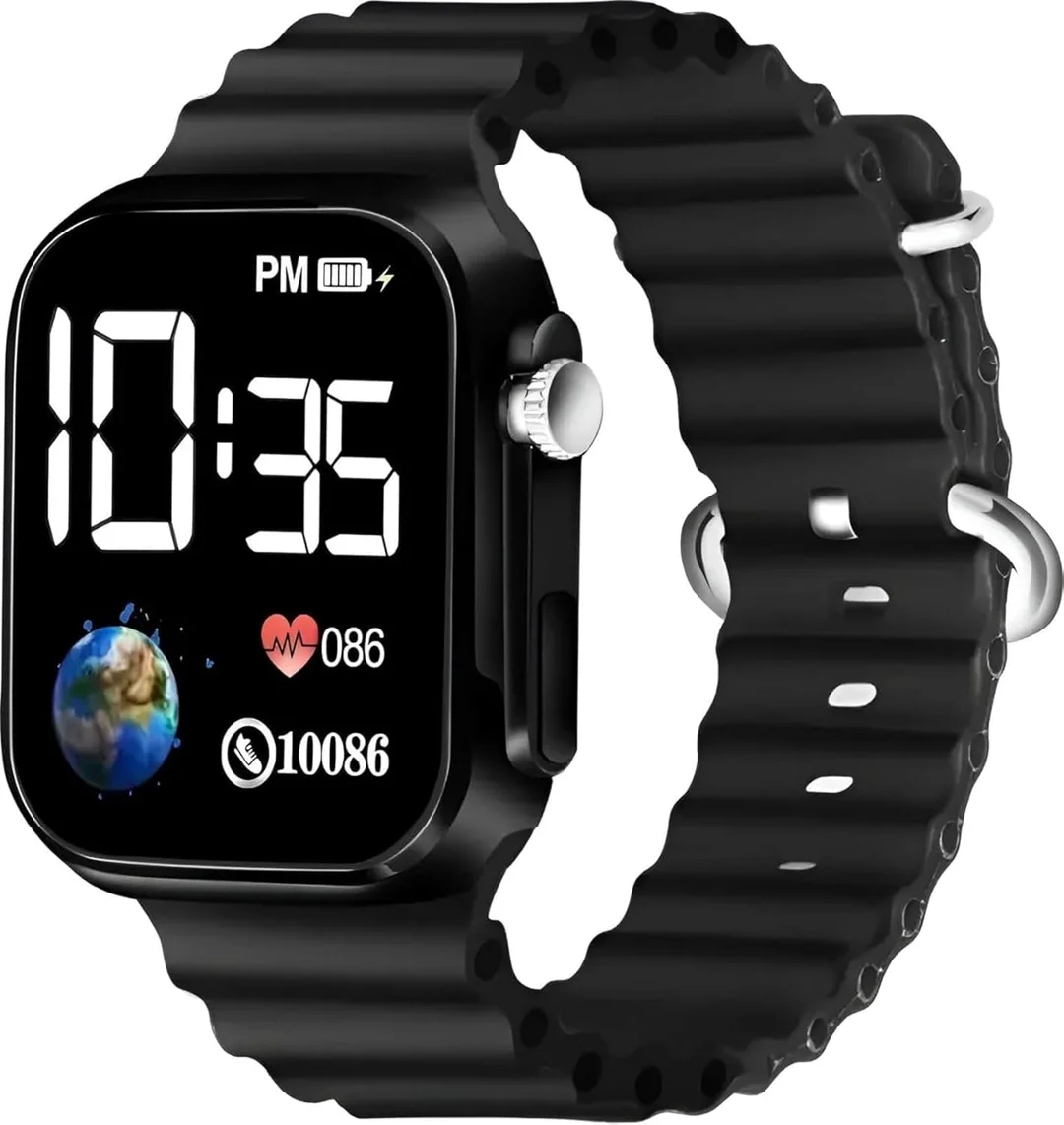 EL SMO Digital Waterproof Kids Watch | LED Display Stopwatch Alarm| Black Sil‑Band|Age 4 15 Gift image 1