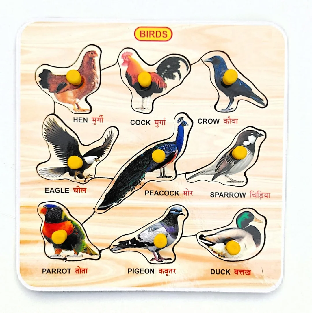 EL SMO Wooden Birds Puzzle Board | 9 Piece Educational Toy| Non Toxic Bird Knob Puzzle for Toddlers | Preschoolers Eco Friendly Gift image 1