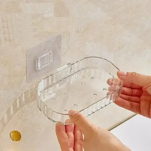 Self Adhesive Soap Holder Pack of 2 | ABS Self Draining Wall Mounted Soap Dish for Bathroom Kitchen Shower | Transparent No Drill Soap Rack image 1