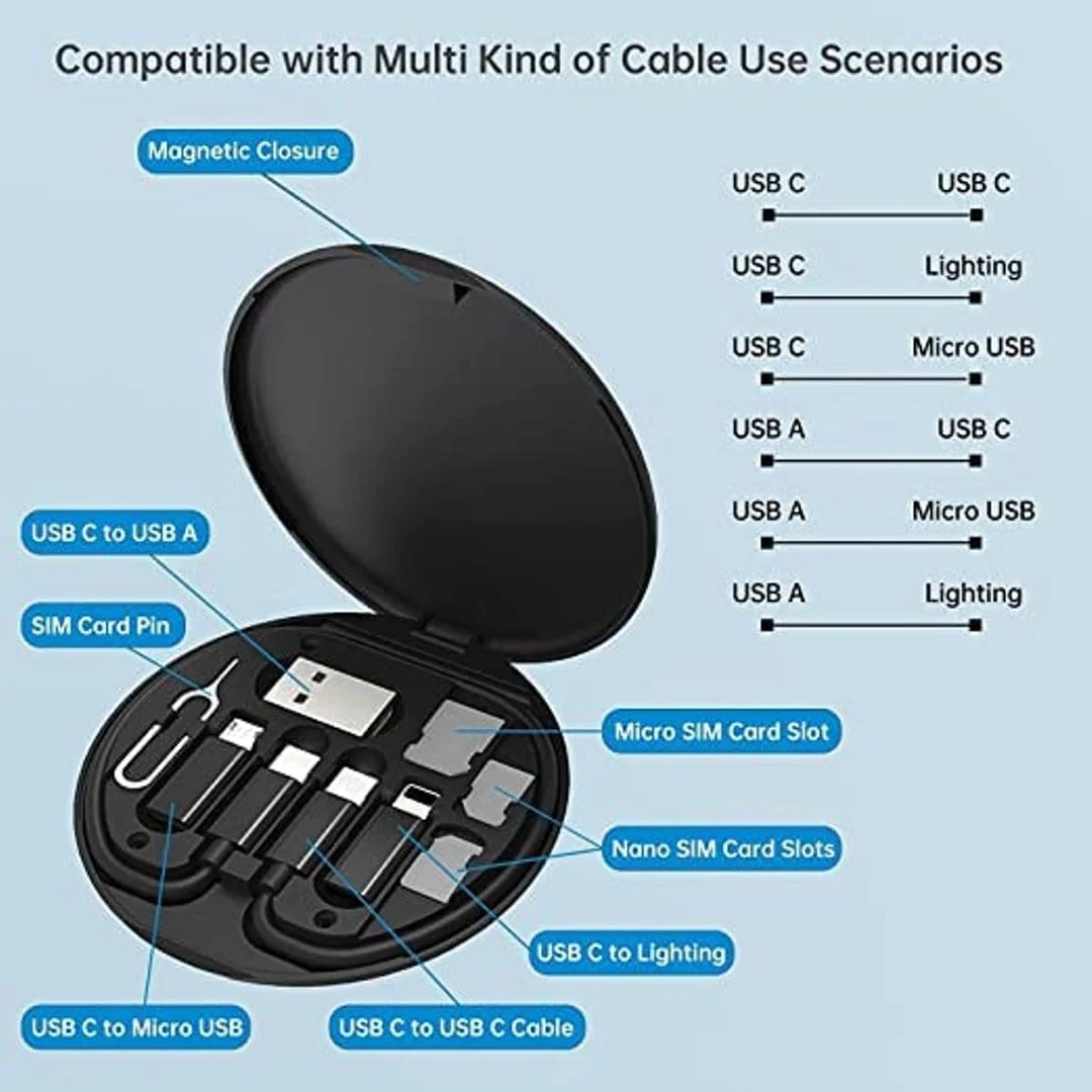 TechEase USB Adapter Kit | Multi-Type Cable 0.1 m | Type C to Lightning Micro USB Charging Convertor | Compact Storage Box | Black image 2