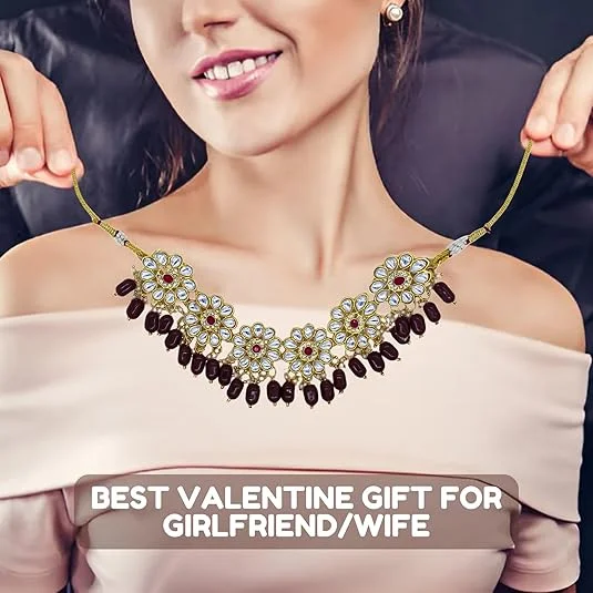 Traditional Kundan Necklace, Yellow Beaded, Crystal Flower Pattern, Gold-Toned | Bridal Jewelry image 2