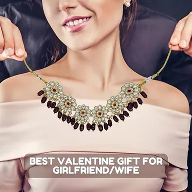 Traditional Kundan Necklace, Yellow Beaded, Crystal Flower Pattern, Gold-Toned | Bridal Jewelry thumbnail 1