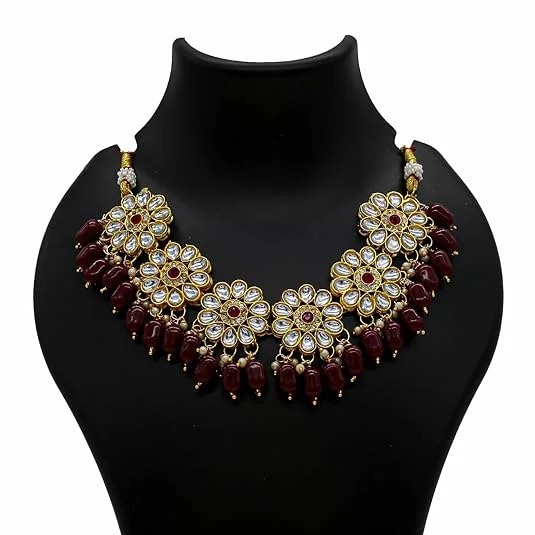 Traditional Kundan Necklace, Yellow Beaded, Crystal Flower Pattern, Gold-Toned | Bridal Jewelry image 3