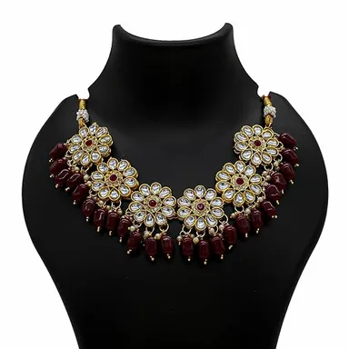 Traditional Kundan Necklace, Yellow Beaded, Crystal Flower Pattern, Gold-Toned | Bridal Jewelry thumbnail 2