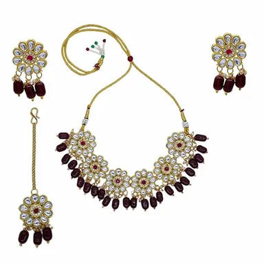 Traditional Kundan Necklace, Yellow Beaded, Crystal Flower Pattern, Gold-Toned | Bridal Jewelry thumbnail 0