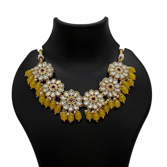 Traditional Kundan Necklace, Beaded, Crystal Flower Pattern, Gold-Toned | Bridal Jewelry image 4