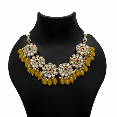 Traditional Kundan Necklace, Beaded, Crystal Flower Pattern, Gold-Toned | Bridal Jewelry thumbnail 3