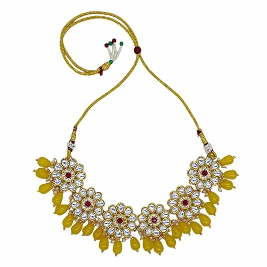 Traditional Kundan Necklace, Beaded, Crystal Flower Pattern, Gold-Toned | Bridal Jewelry image 3