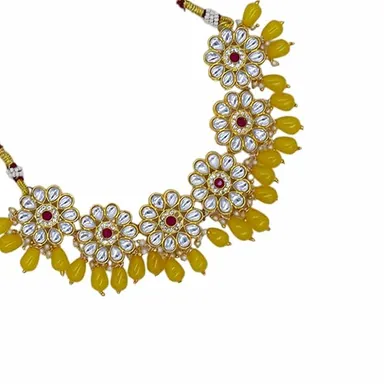 Traditional Kundan Necklace, Beaded, Crystal Flower Pattern, Gold-Toned | Bridal Jewelry thumbnail 1