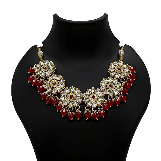 Traditional Kundan Necklace, Yellow Beaded, Crystal Flower Pattern, Gold-Toned image 2