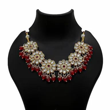 Traditional Kundan Necklace, Yellow Beaded, Crystal Flower Pattern, Gold-Toned thumbnail 1