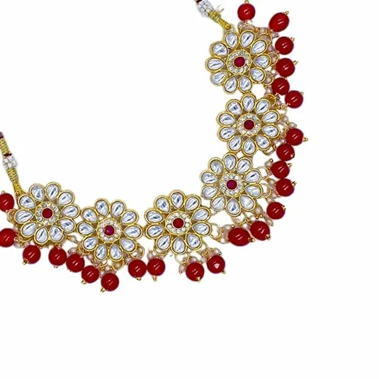 Traditional Kundan Necklace, Yellow Beaded, Crystal Flower Pattern, Gold-Toned image 4
